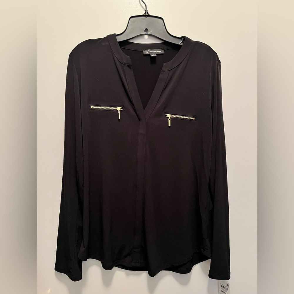 INC International Concepts Black Blouse with Gold Accents